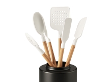 木柄硅胶厨具套装家居厨房用品3D模型素材下载White Silicone & Wood Utensils by Crat