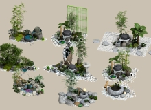 新中式庭院水景小品3D模型合集含贴图材质支持C4D/FBX/OBJ/SKP格式