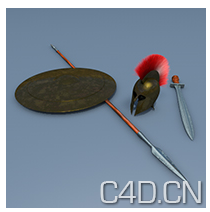 C4D武器模型：长矛、盾牌、剑、头盔