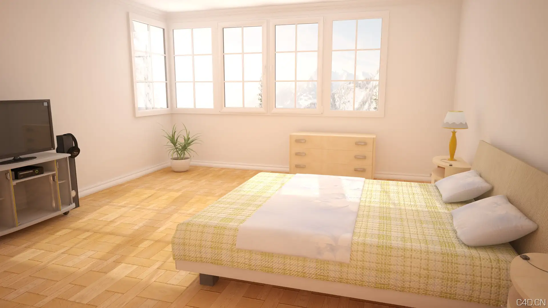 C4D卧室渲染作品：Cinema 4D -- WinterBehindWindow