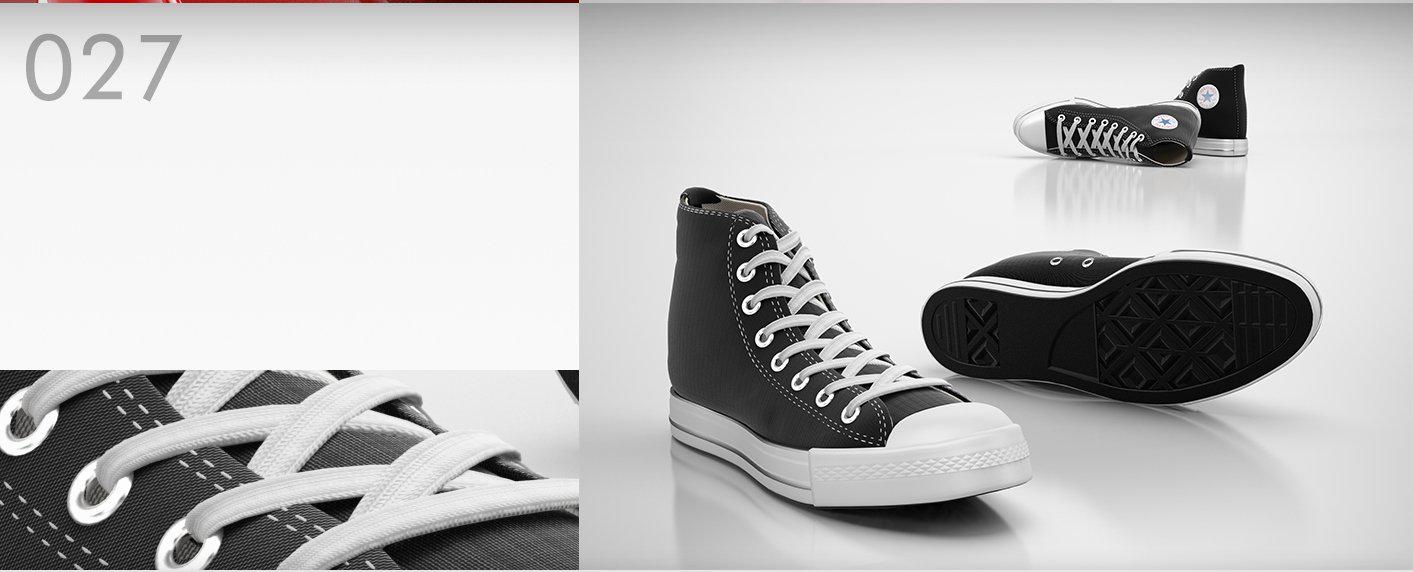 黑白系带球鞋、高帮帆布鞋、系带男布鞋、休闲运动鞋C4D模型