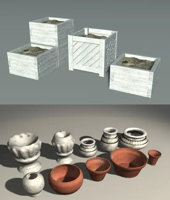 木头花池、陶瓷花盆C4D模型 Pots Boxes
