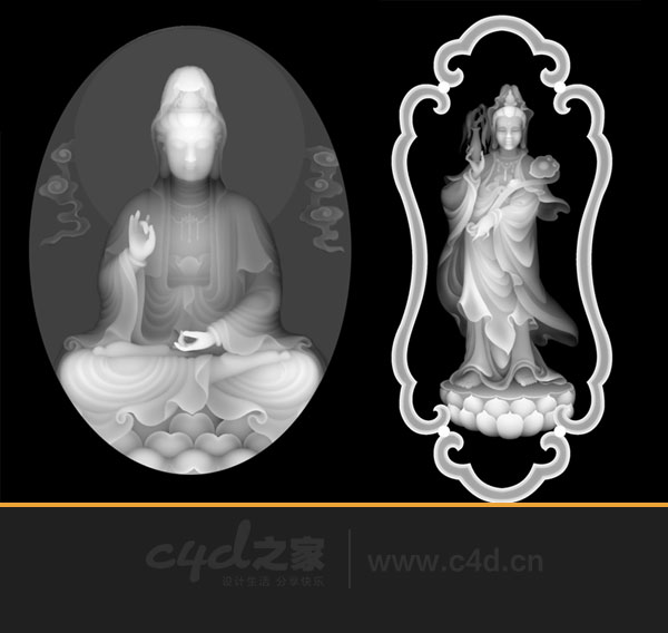 2个观音菩萨像灰度图（观音立像/坐像）BMP