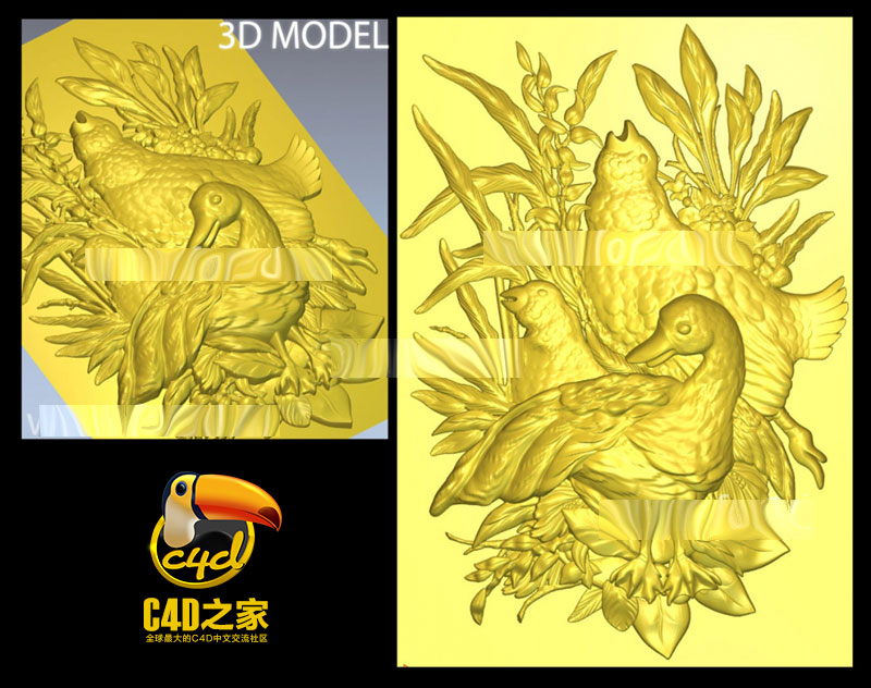 家禽鸭子浮雕雕刻3D模型（STL雕刻模型）