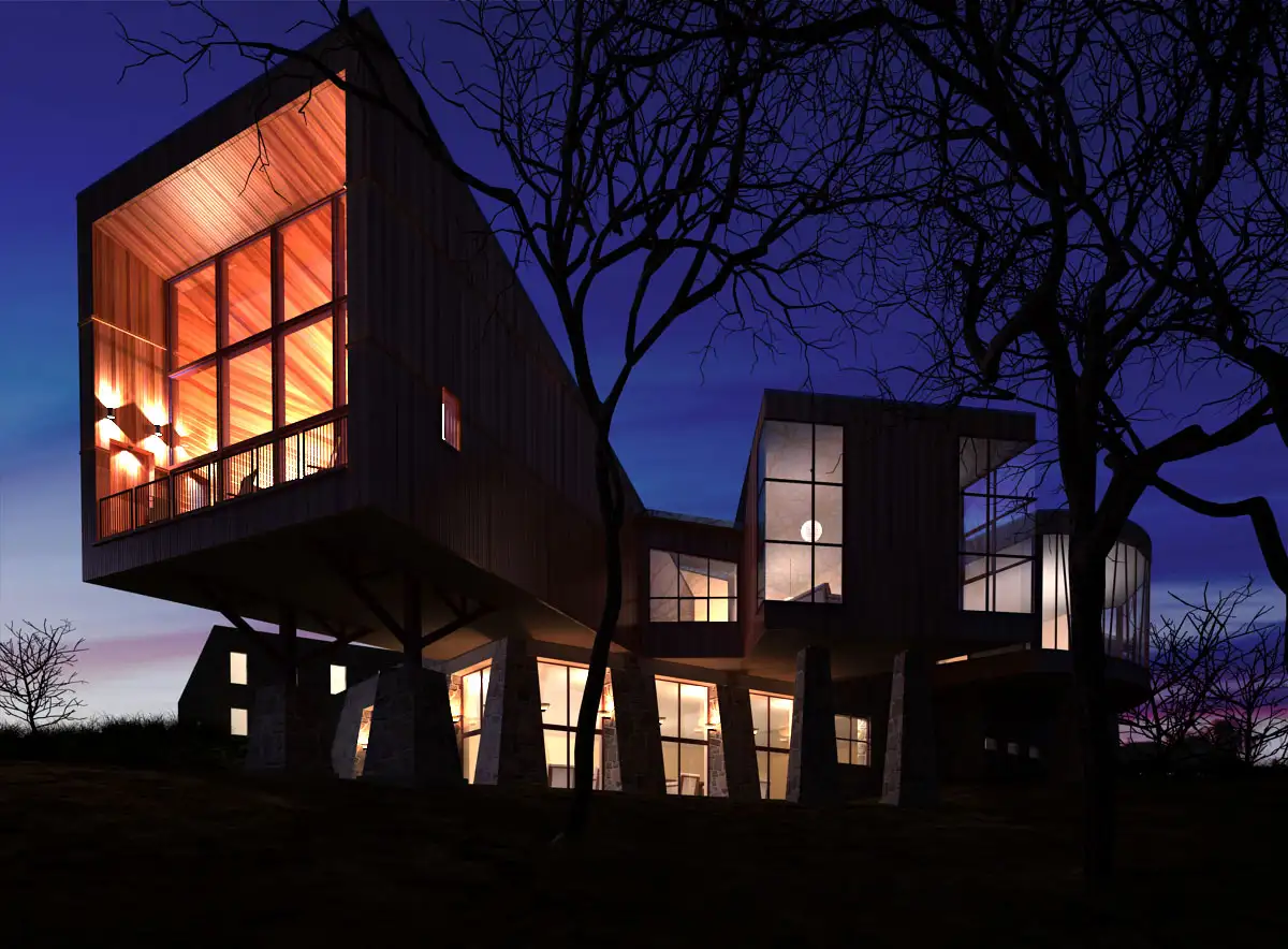 室外建筑模型：建筑夜景C4D模型
