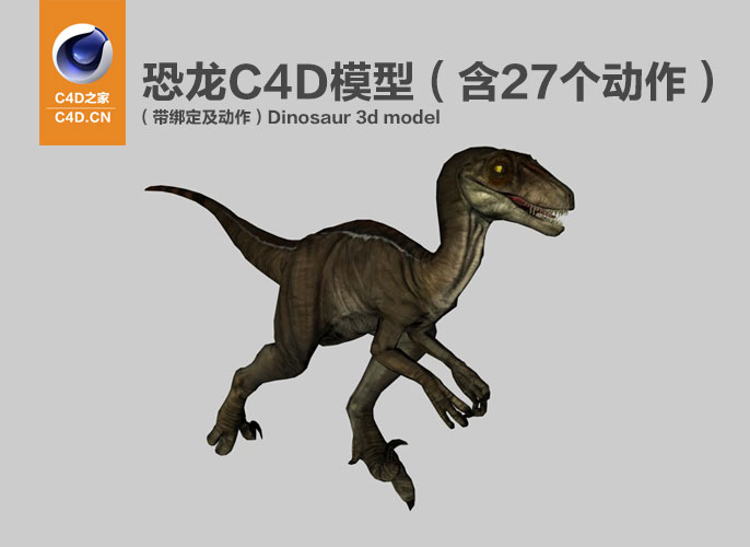 恐龙C4D模型 含27个动作（带绑定及动作）Dinosaur 3d model-raptor