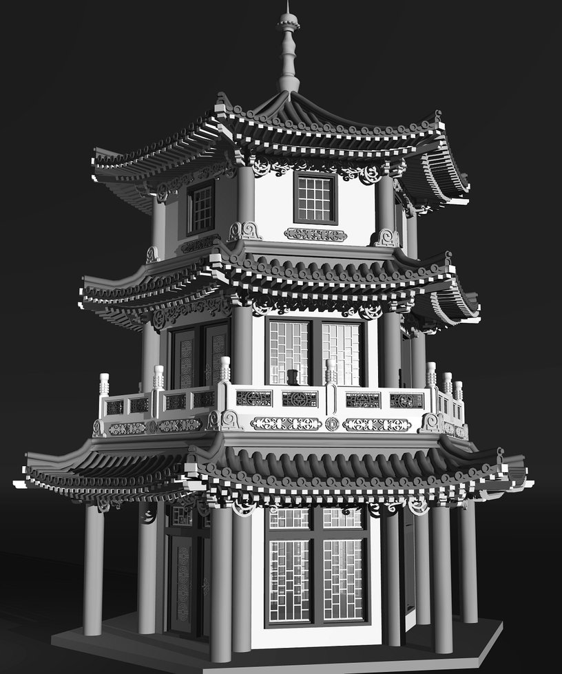 C4D古建模型：3层宝塔阁楼3D模型（高精模） pagoda 3d model