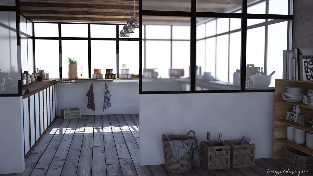 厨房C4D渲染 Concrete loft kitchen