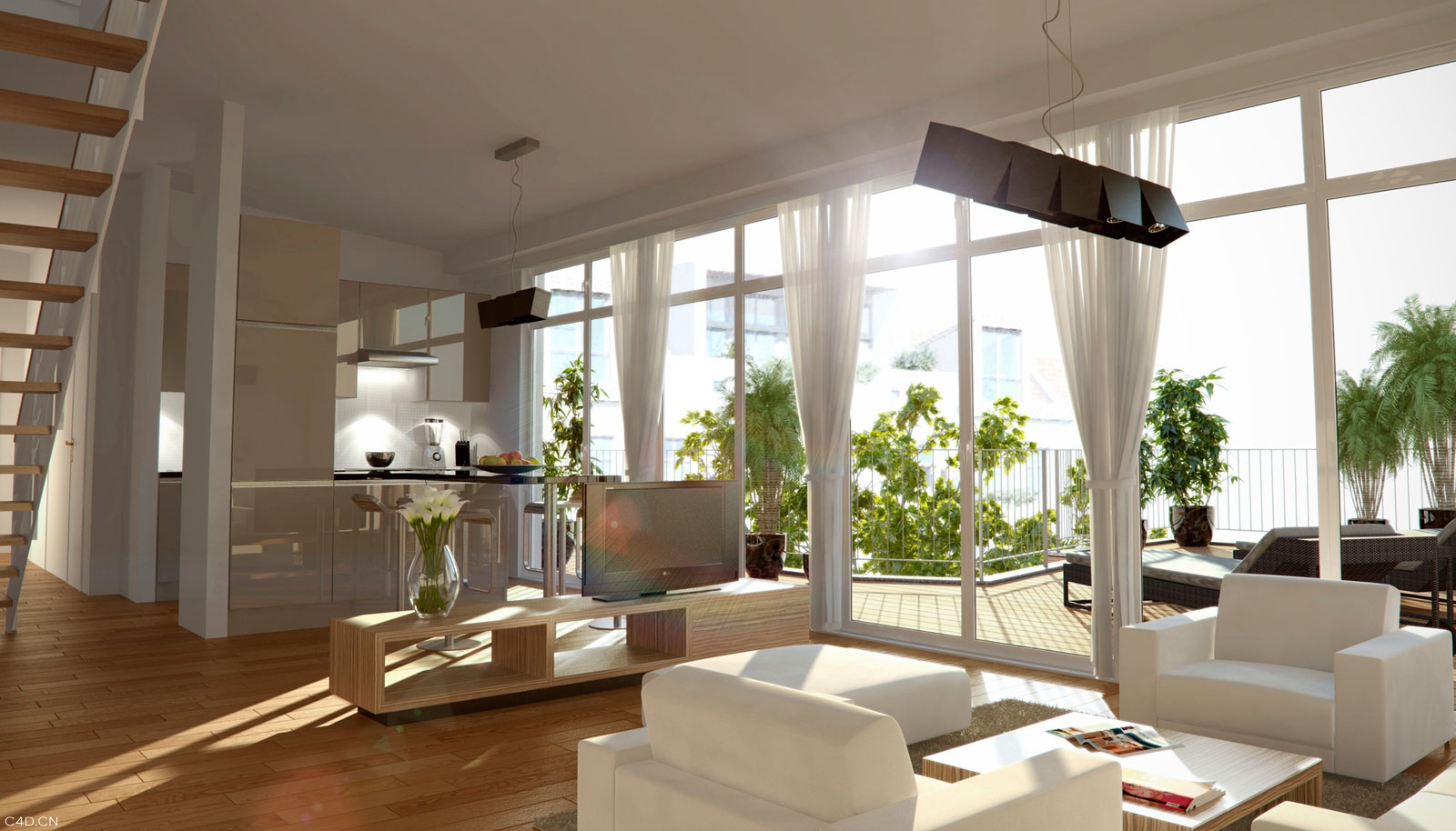 现代别墅建筑：CINEMA 4D客厅渲染