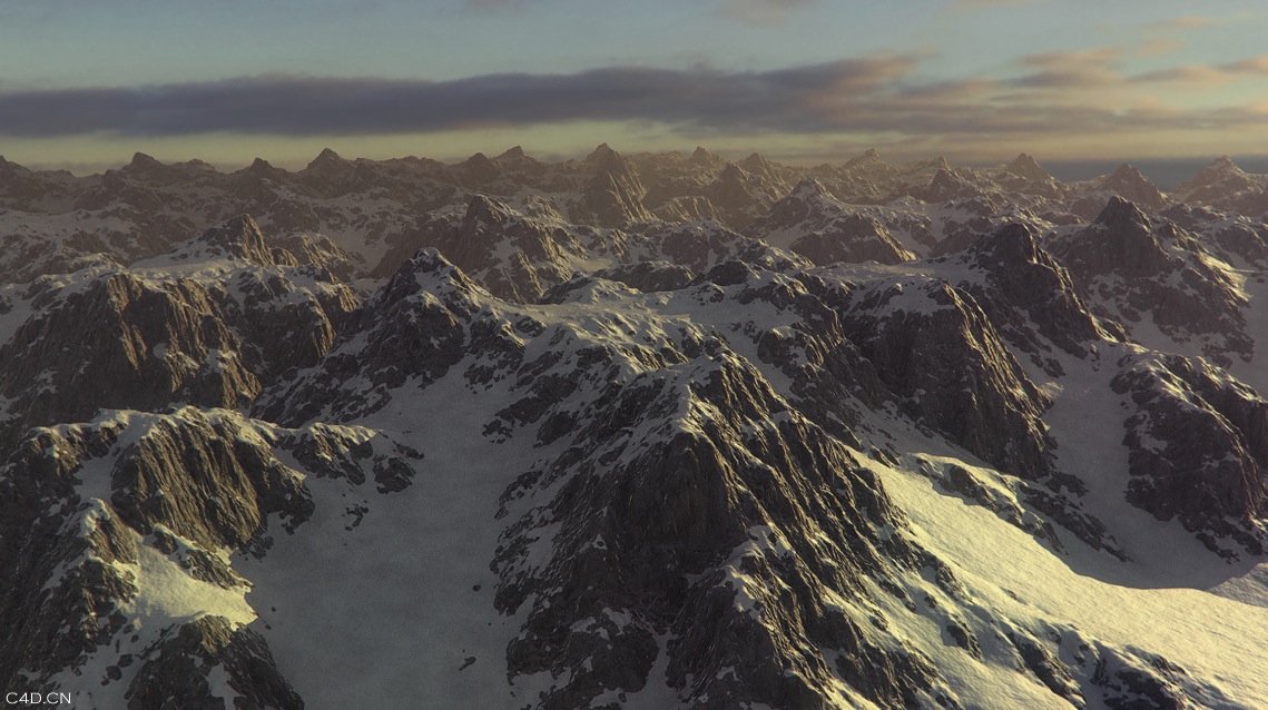 C4D雪山/群山景观渲染 C4D snow capped mountains / hills landscape rendering