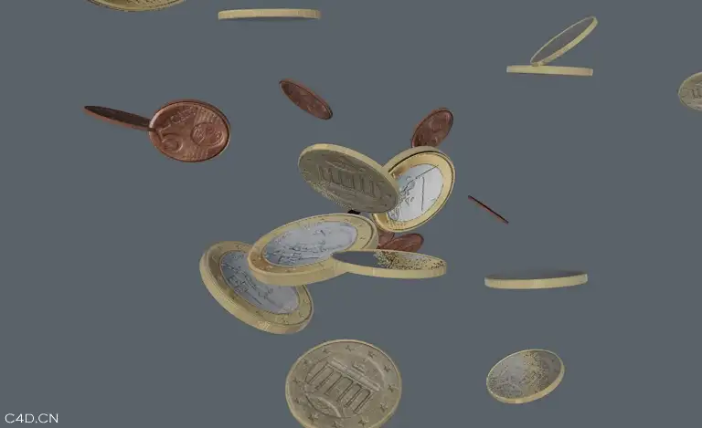 欧元硬币C4D模型（带掉落动画）Euro Coins