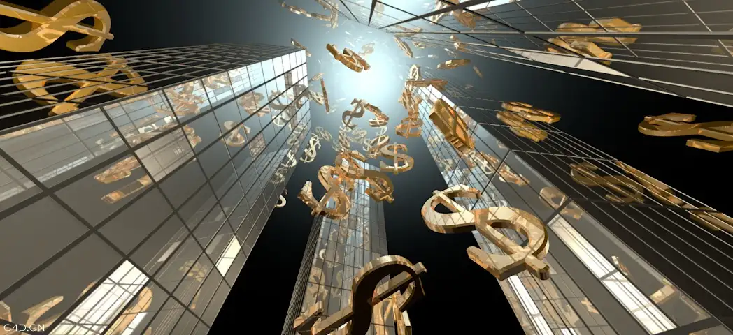 高楼上飘落的美元符号C4D动画工程文件 Dollar Sign Rain