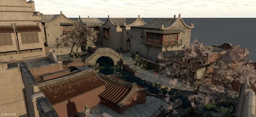 中式古建住宅庭院C4D模型（C4D格式,含贴图材质）