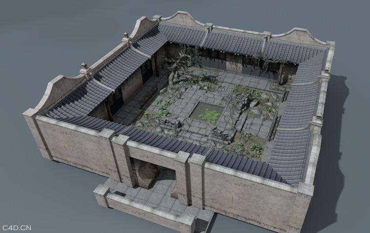 中式古建四合院C4D模型（C4D格式，含贴图材质）