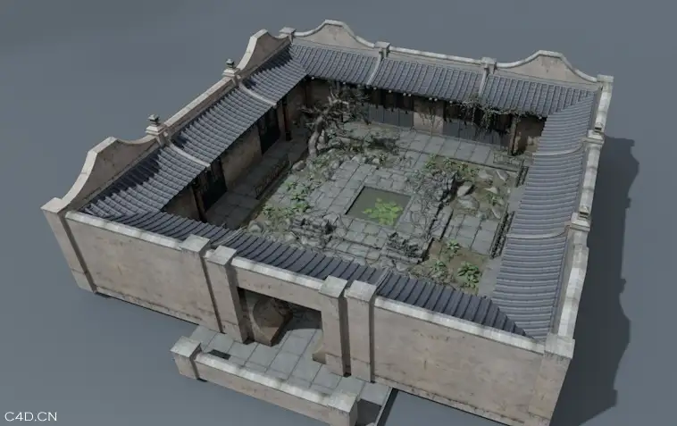 中式古建四合院C4D模型（C4D格式，含贴图材质）