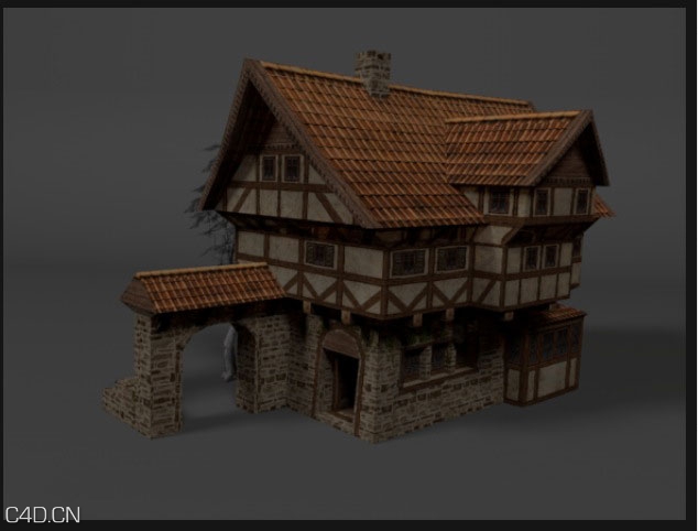 古建瓦房C4D模型 Medieval Hotel or house 3d model