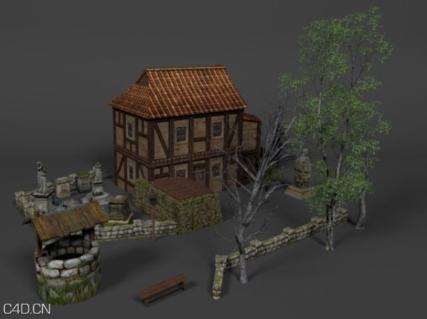 二层古建房屋-客栈C4D模型 Medieval Ultimate House With Backyard 3d model