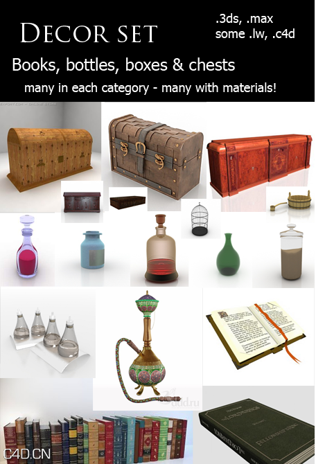 书籍/瓶/衣柜模型 Decor Set 1- Baskets, Books, Bottles & Chests - C4D之家 - c47d9acf6f7229dcff904eac33a03baf.png