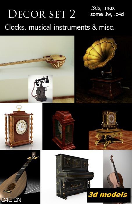 钟表/乐器模型 Decor Set 2 – Clocks, Musical Instruments & Misc - C4D之家 - 7ca3550cfb631baaab1fce5100add73f.jpg
