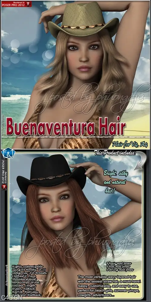 美女模特Daz模型 Renderosity Buenaventura Hair For V4 And A4