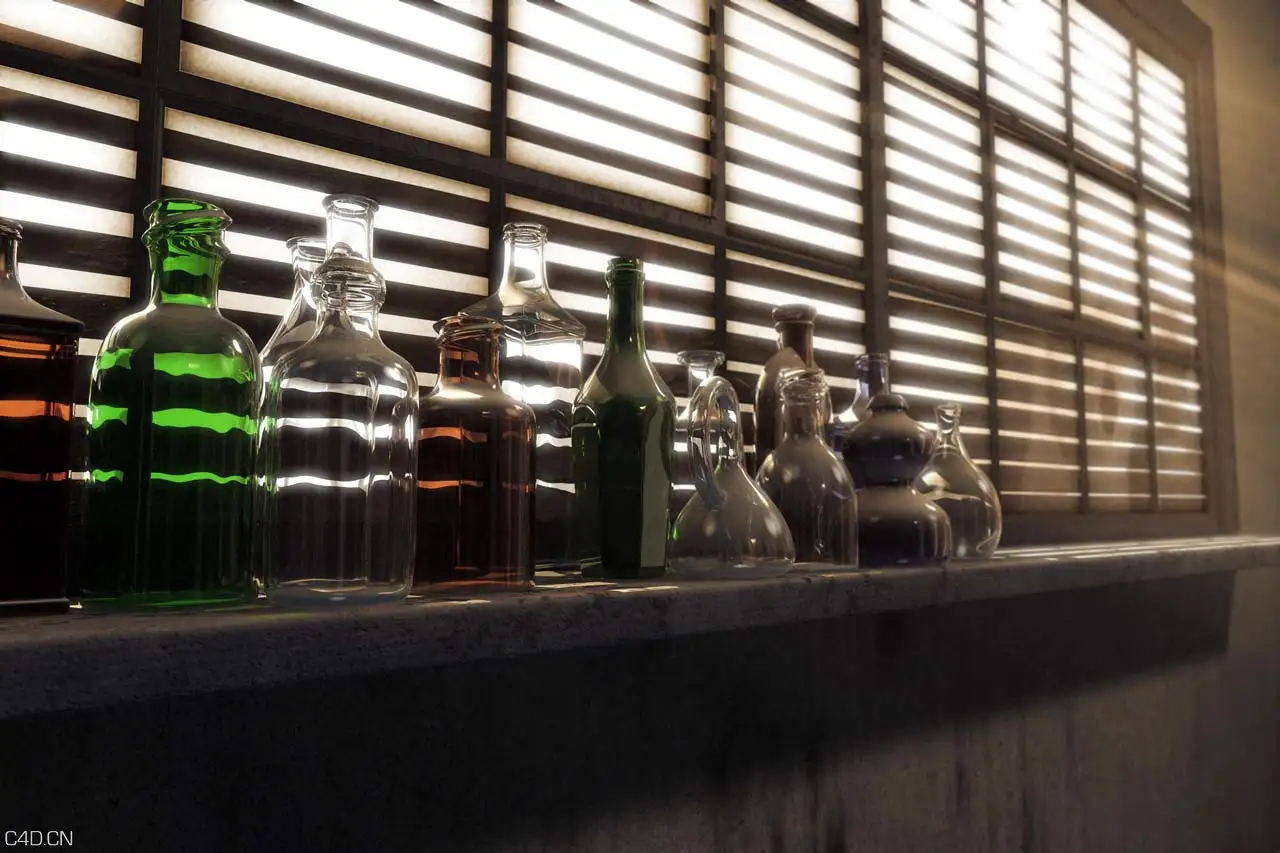 窗台上的玻璃瓶C4D渲染 BOTTLES