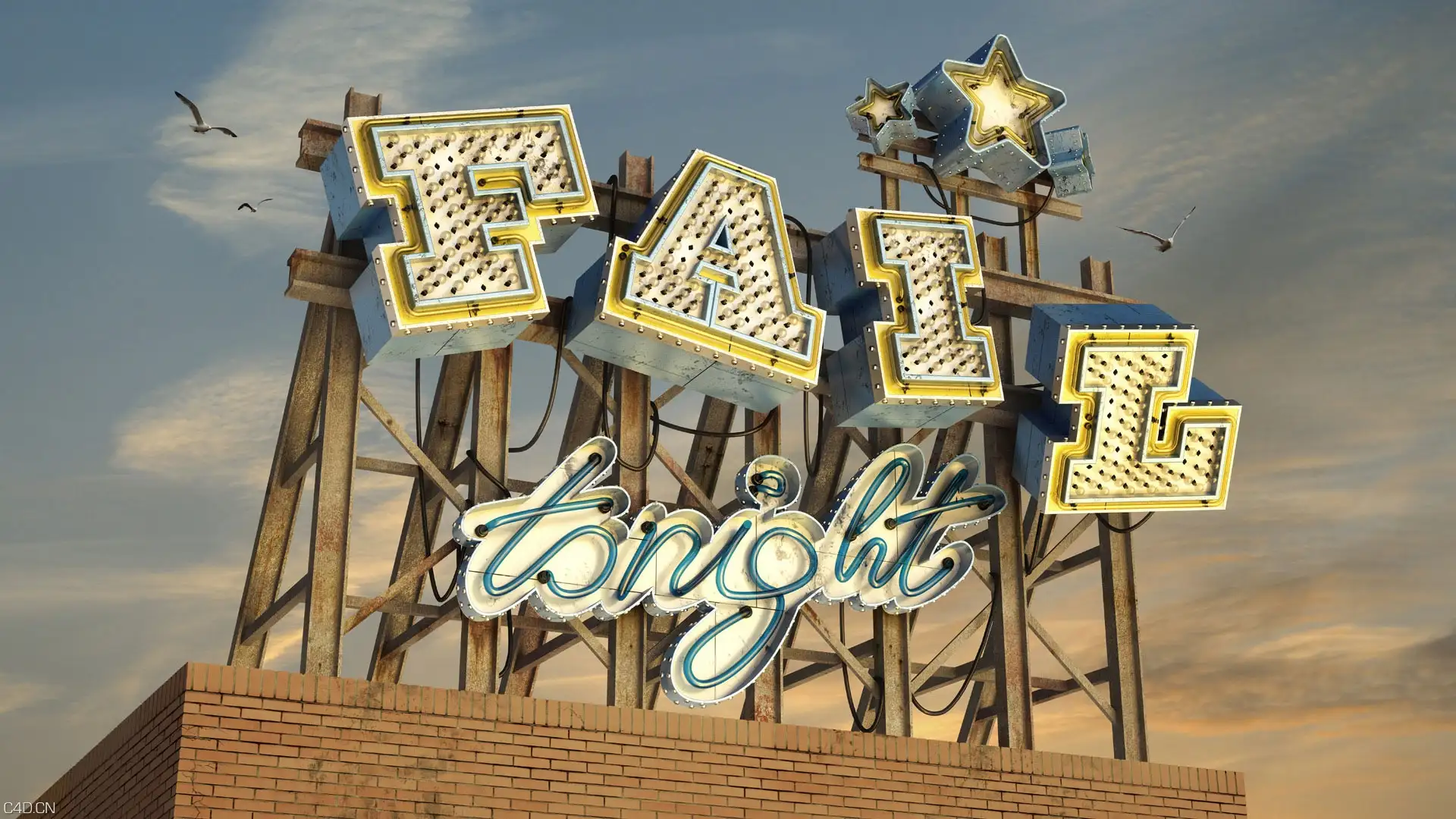 C4D作品欣赏：霓虹灯字广告牌 FAIL TONIGHT - FREE ILLUSTRATION - C4D之家 - main-01.jpg