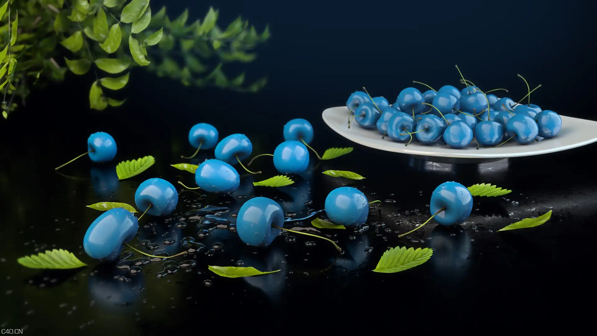 C4D水果渲染作品：蓝莓和蓝色的草莓