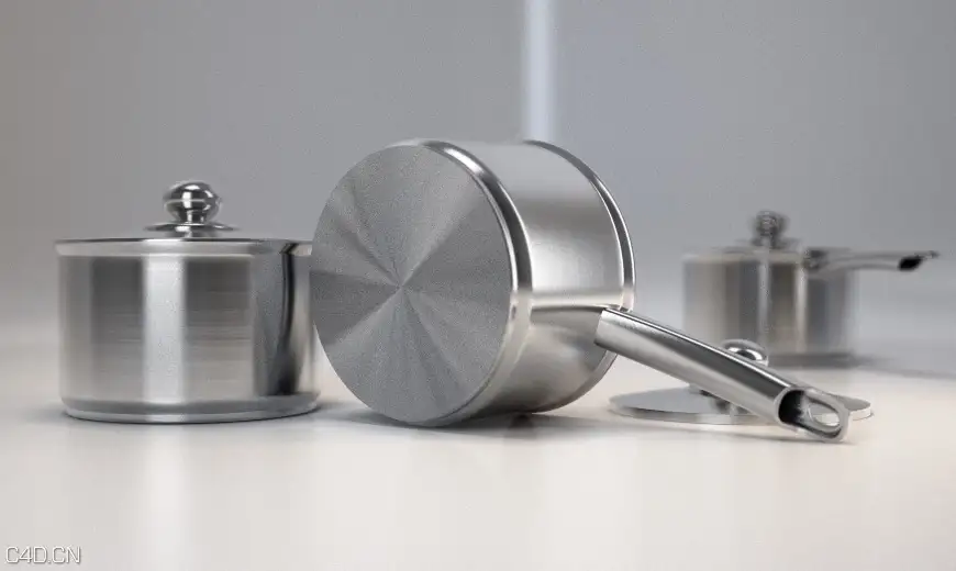 拉丝不锈钢厨具C4D模型 Stainless steel kitchenware