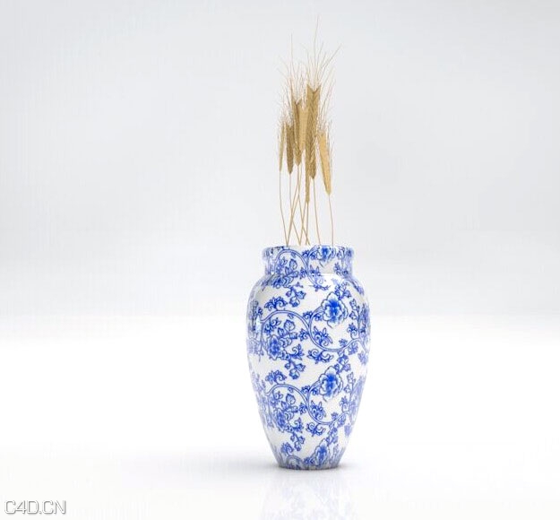室内摆件：青花瓷瓶和麦穗C4D模型