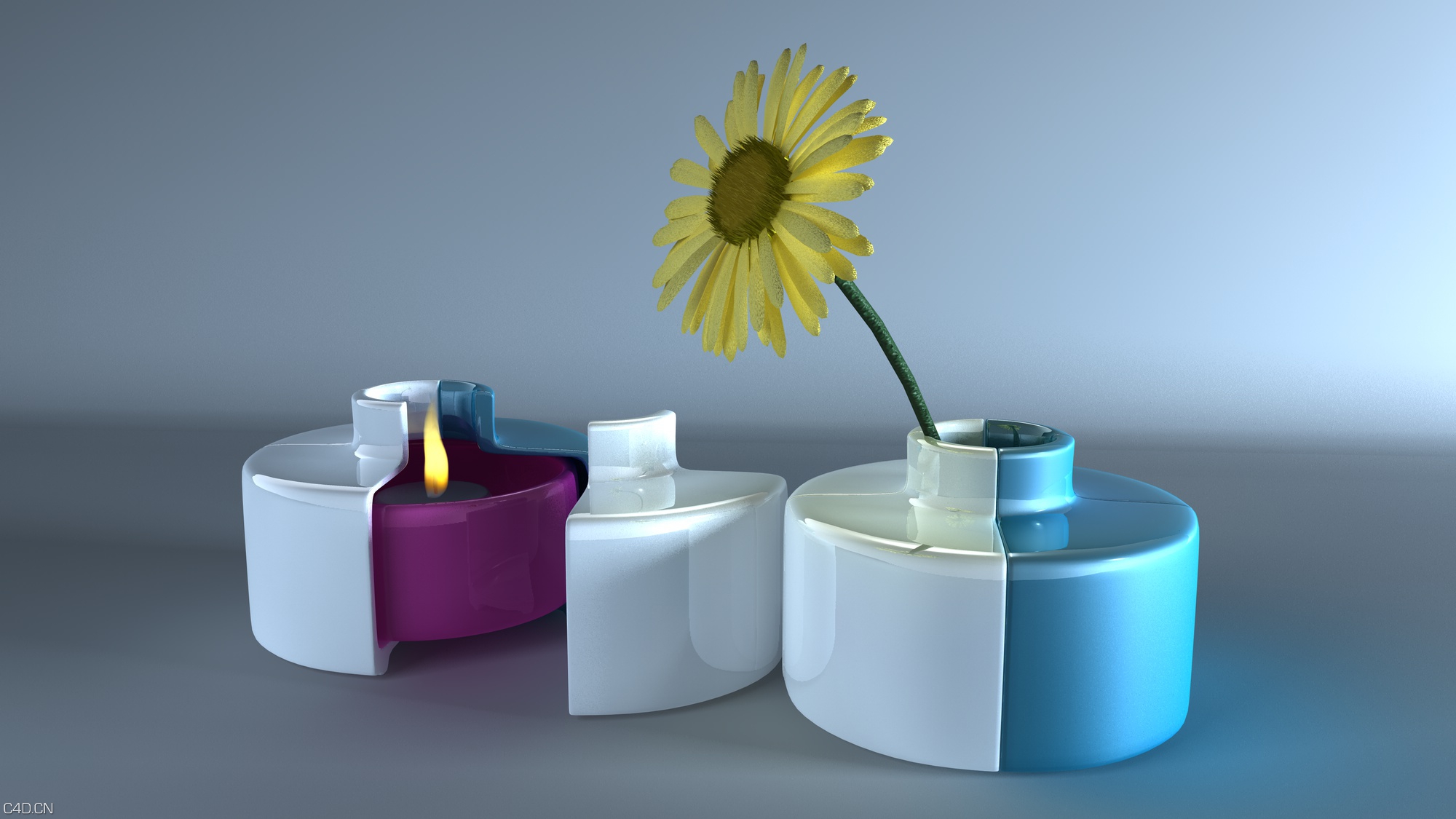 陶瓷烛光渲染素材 - C4D之家 - 瓷器，烛光设置，花瓣，花茎材质设置
