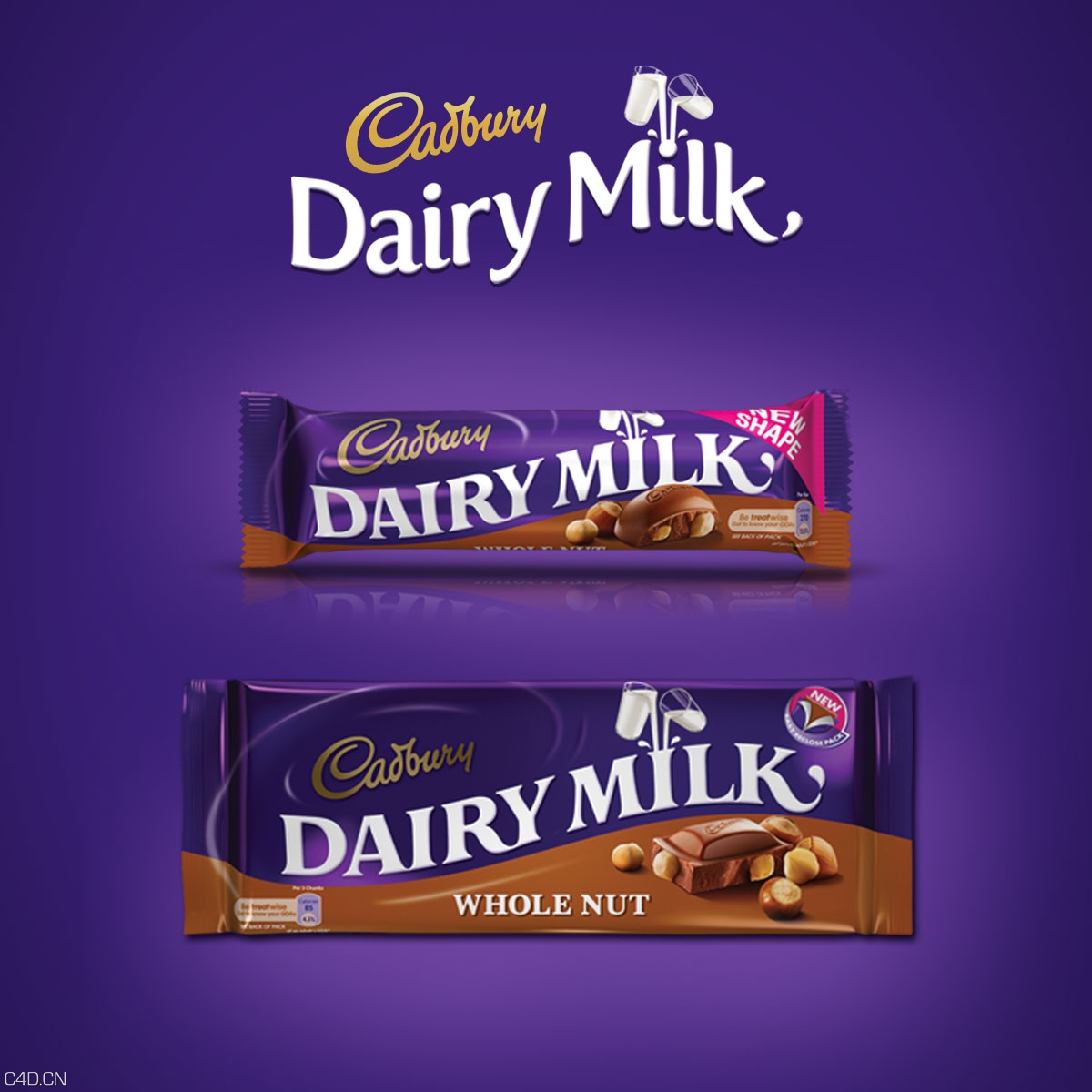 C4D渲染的巧克力包装作品 Cadbury Restage Rebrand Visuals - C4D之家 - Cadbury-rebrand-bars-WN.jpg