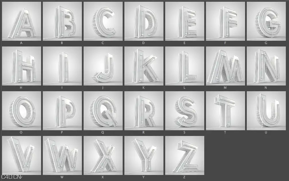 26个英文字母霓虹灯文字C4D模型预设合集