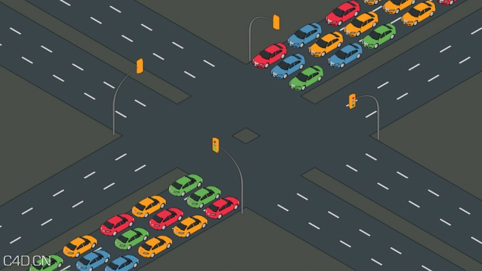 C4D十字交叉路口汽车通行卡通二维动画工程文件 Car Scene