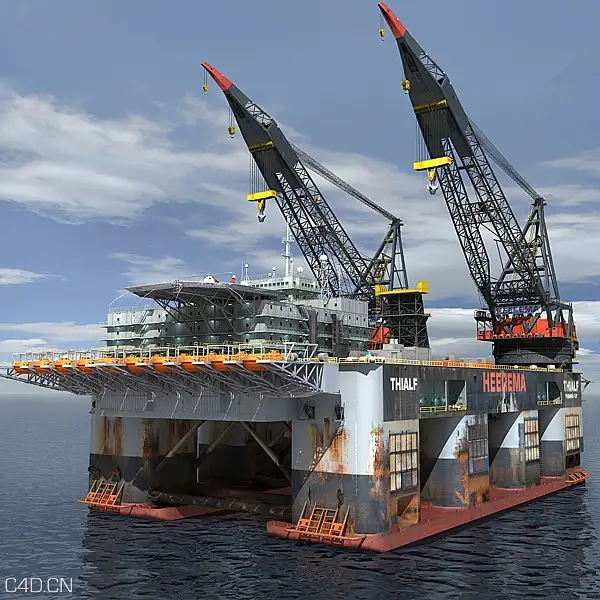 海洋石油钻井机、钻井平台C4D模型 Dual Crane Vessel