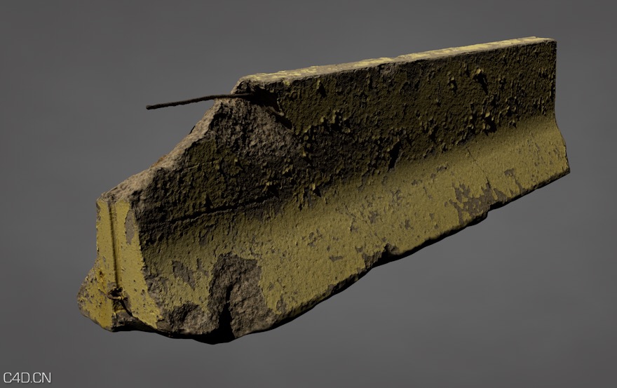 破损的黄色交通护栏、水泥墩C4D模型 yellow traffic barrier