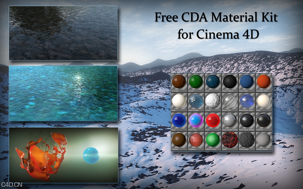 C4D液态流体材质预设：白雪、水面、流体等C4D材质合集包 CDA Material Kit V1 - C4D之家 - Free CDA Material Kit V1 .jpg