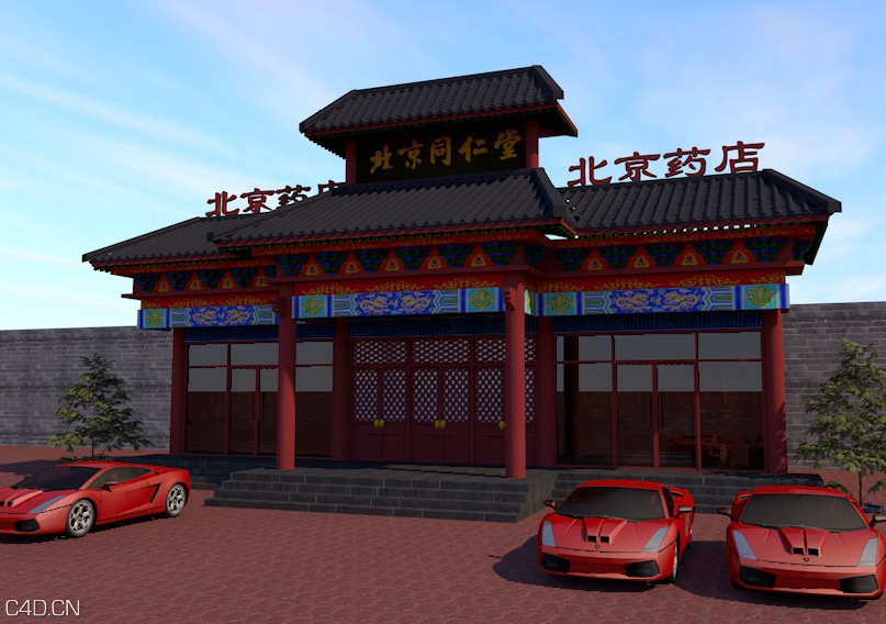 中式古建筑模型：同仁堂药店中式门头外观C4D模型