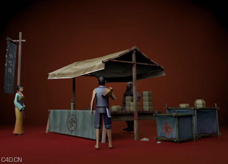 游戏古代场景与人物《小吃摊》C4D模型