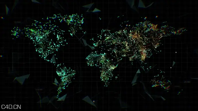 C4D AE科技点线世界map World Map Immigration Hud