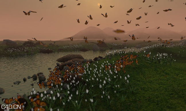 河边花丛蝴蝶飞舞场景C4D模型 C4D Landscape Model
