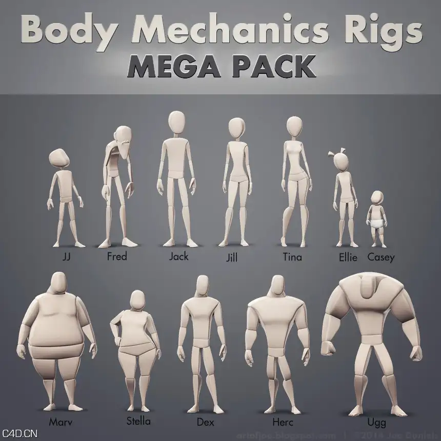 12种抽象卡通人物绑定3D模型 Gumroad - Body Mechanic Rigs Mega Pack 1.1