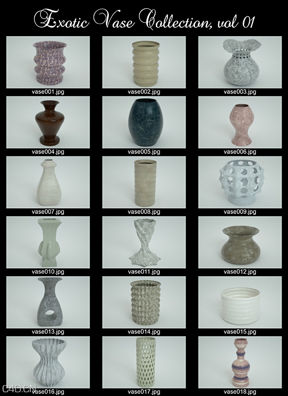 18个异国情调的花瓶3D模型 Exotic Vase Collection, Vol. 01 - C4D之家 - contact_sheet.jpg