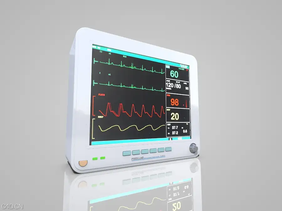 医院医疗器械：心电图心率监视器C4D模型 EKG-Heart-Rate-Monitor - C4D之家 - 1.jpg