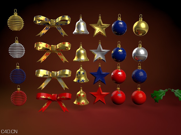 圣诞节素材包C4D模型合集（五角星、彩蛋、铃铛、蝴蝶结）