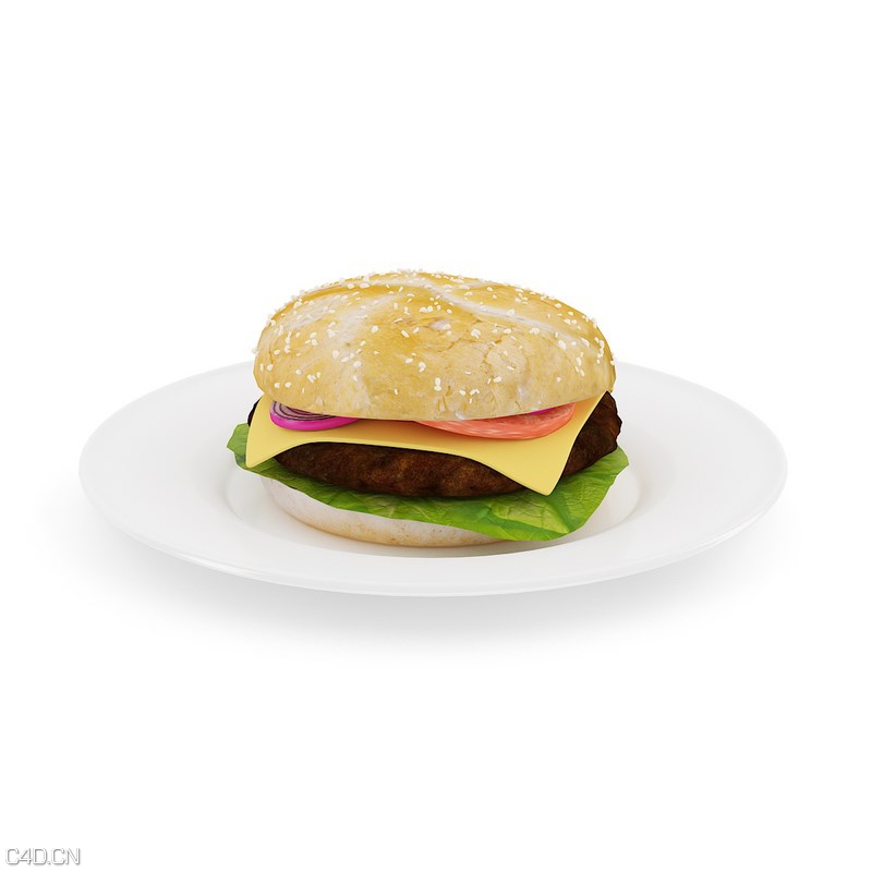 汉堡C4D模型 3D BURGER ON PLATE