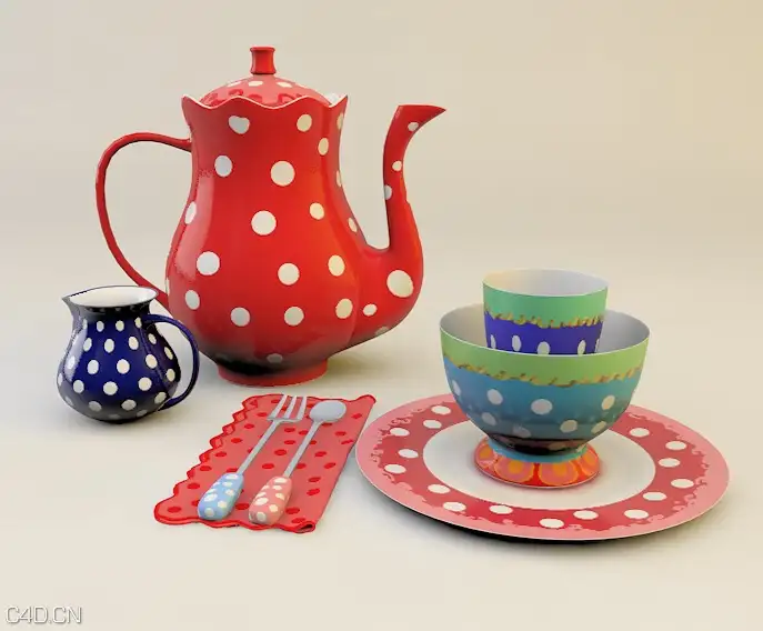 茶具C4D模型 （茶壶、茶杯、盘子）tea set
