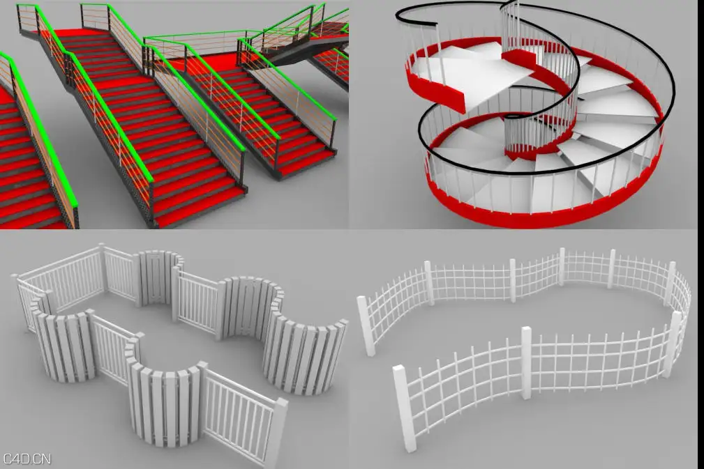 C4D栅栏护栏楼梯制作生成插件Caleidos4D Baluster4D V1.0 + StairsProfile V1.0