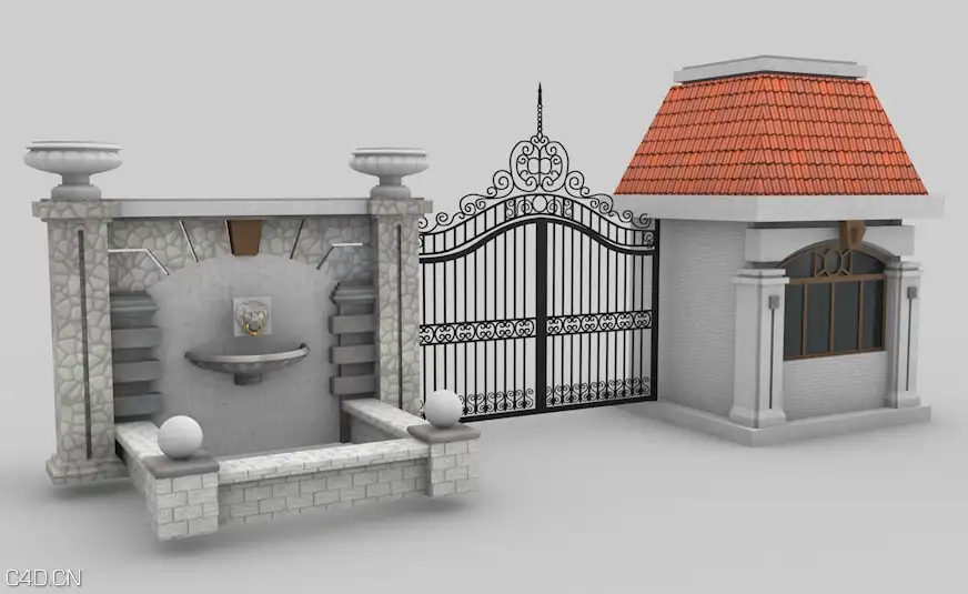 小区大门、岗亭C4D模型 Cell door 3D model