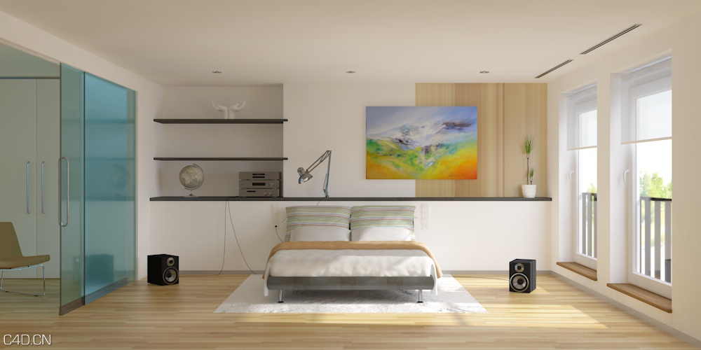 C4D室内渲染：卧室渲染模型 C4D indoor rendering