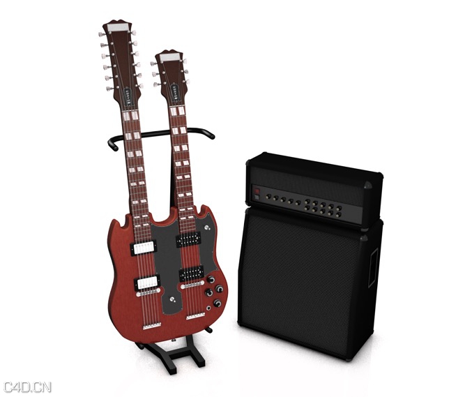 乐器模型：双颈吉他C4D模型 C4D 3D Model Dual Neck Guitar